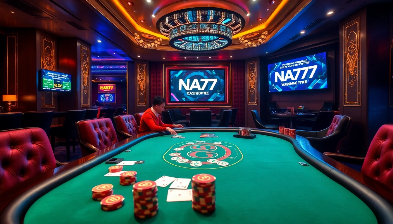 Players strategize around a luxurious NA777 poker table, showcasing tension and excitement in the game.