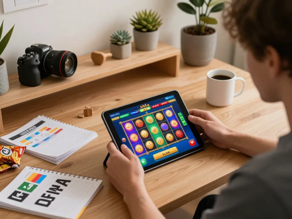 Engage with UG DEWA slot game in a cozy home office setup, enhancing online gameplay experience.