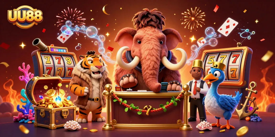 Experience winning at UU88 with our vibrant casino scene featuring a woolly mammoth guarding the entrance.