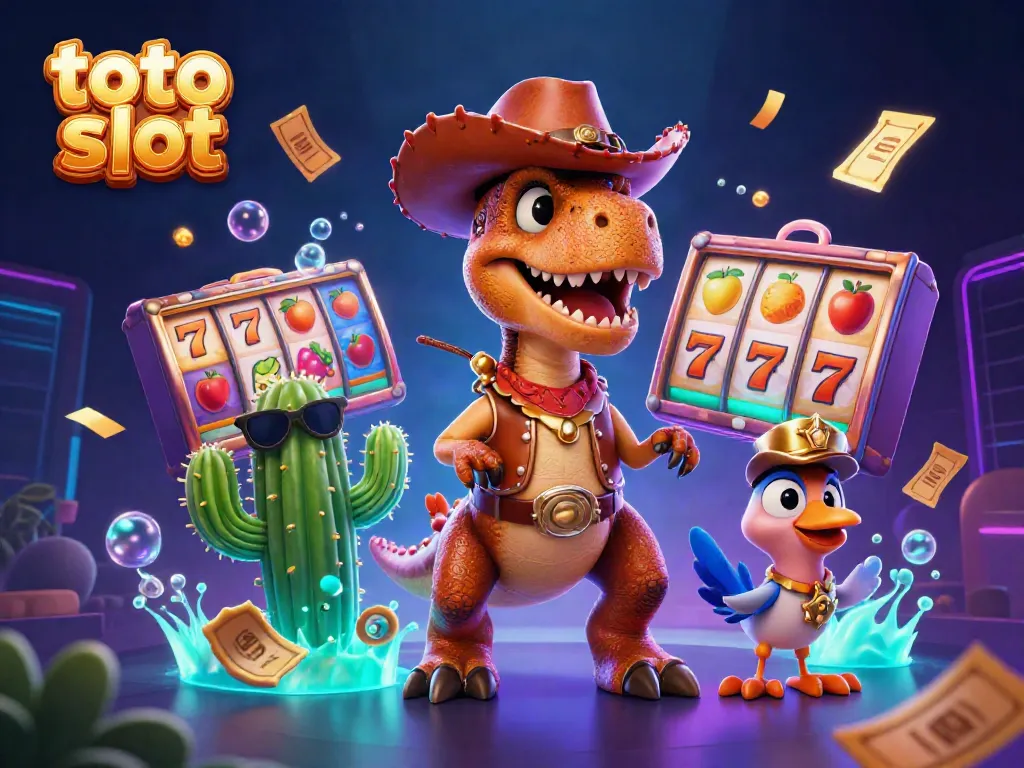 Menghadirkan pengalaman bermain toto slot dengan dinosaur koboi, kaktus, dan burung penembak, di tengah kerumunan simbol slot.