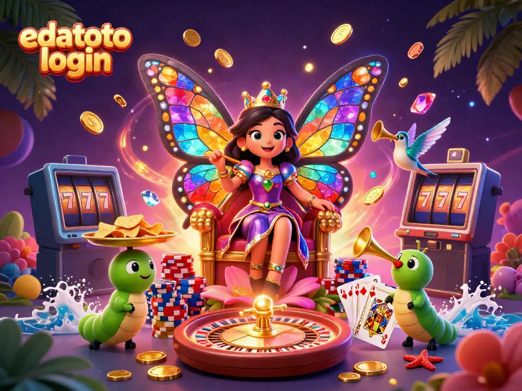 Gambarlah edatoto login yang menarik dengan karakter ratu kupu-kupu dan elemen kasino.