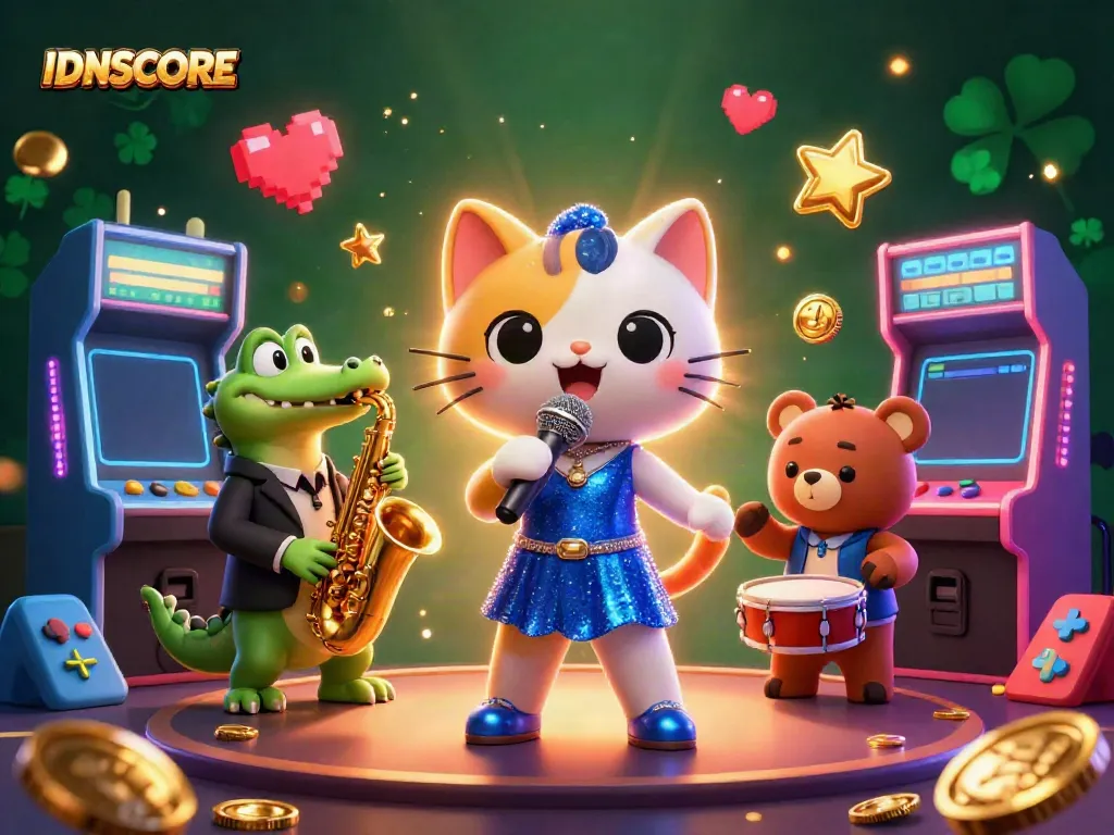 Experience the vibrant IDNSCORE casino stage with lively characters and gaming elements.