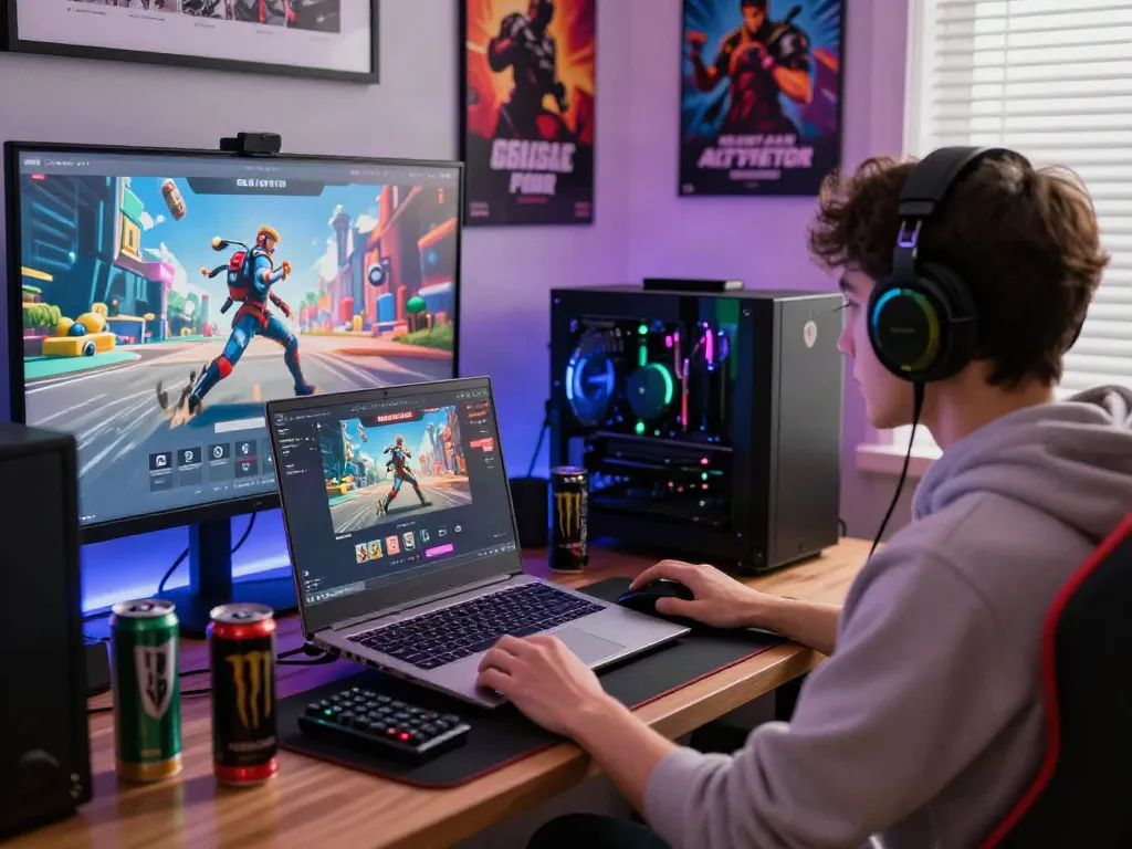 User logging into Seributoto platform on laptop in a vibrant gaming nook, showcasing accessories and cozy atmosphere.