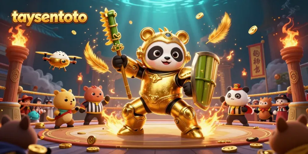 Gambarkan aksi seru taysentoto di arena pertempuran dengan panda emas dan robot bambu.