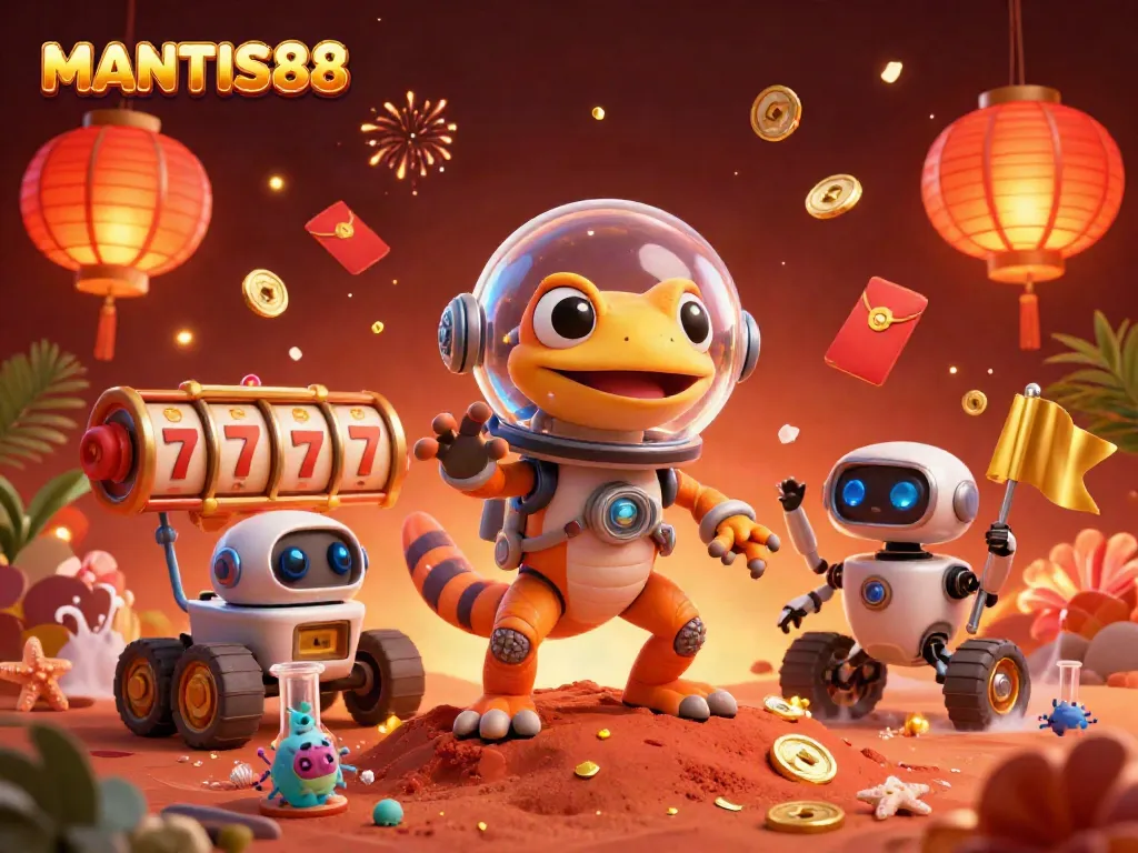 MANTIS88 engages players in a vibrant Martian casino adventure with glowing slot reels and energetic characters.