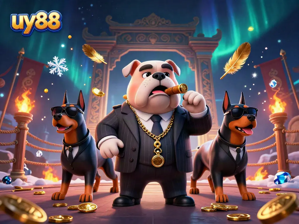 Bet big with uy88 at this vibrant online casino scene featuring a mafia bulldog boss.