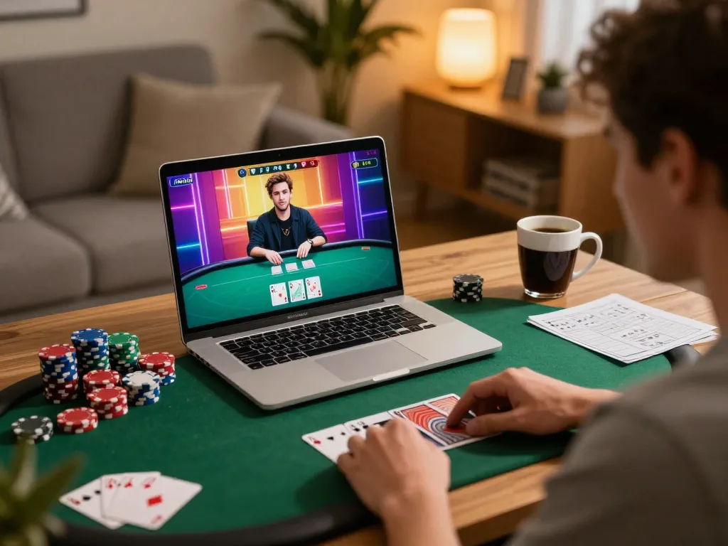 Player engaging with fabet online poker table in a cozy home setting, highlighting strategic gameplay.
