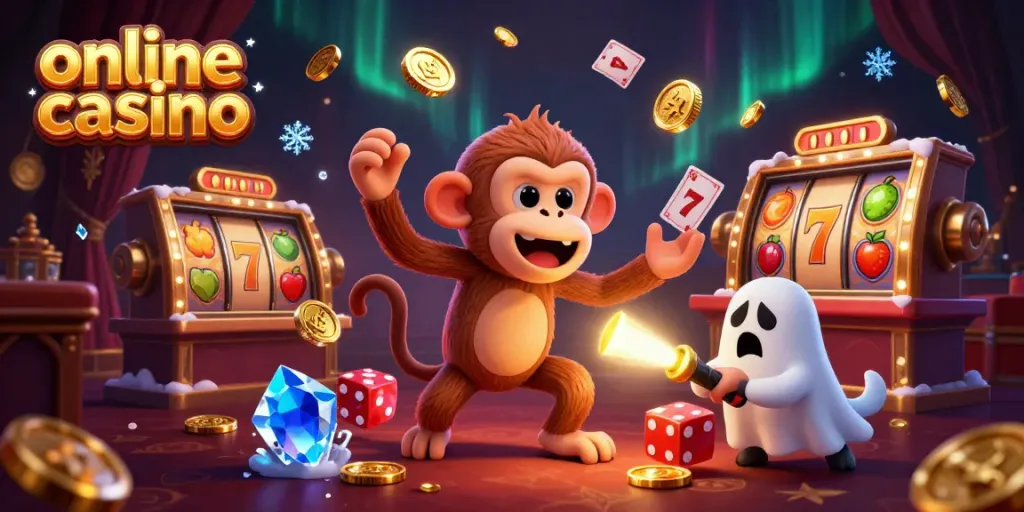Engage in an exciting online casino atmosphere with a playful poltergeist monkey and a brave puppy in a haunted casino setting.