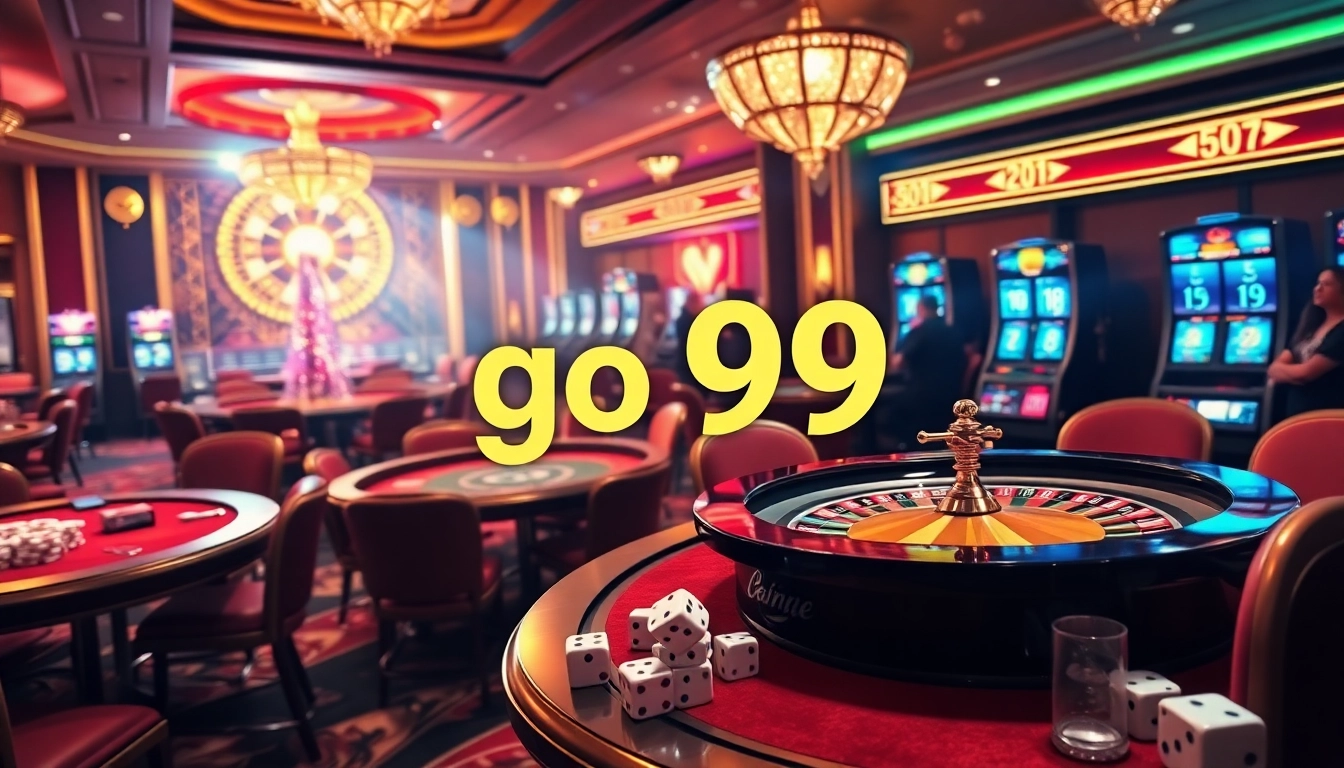 Exciting online gaming scene at go 99 casino with poker tables and roulette wheels