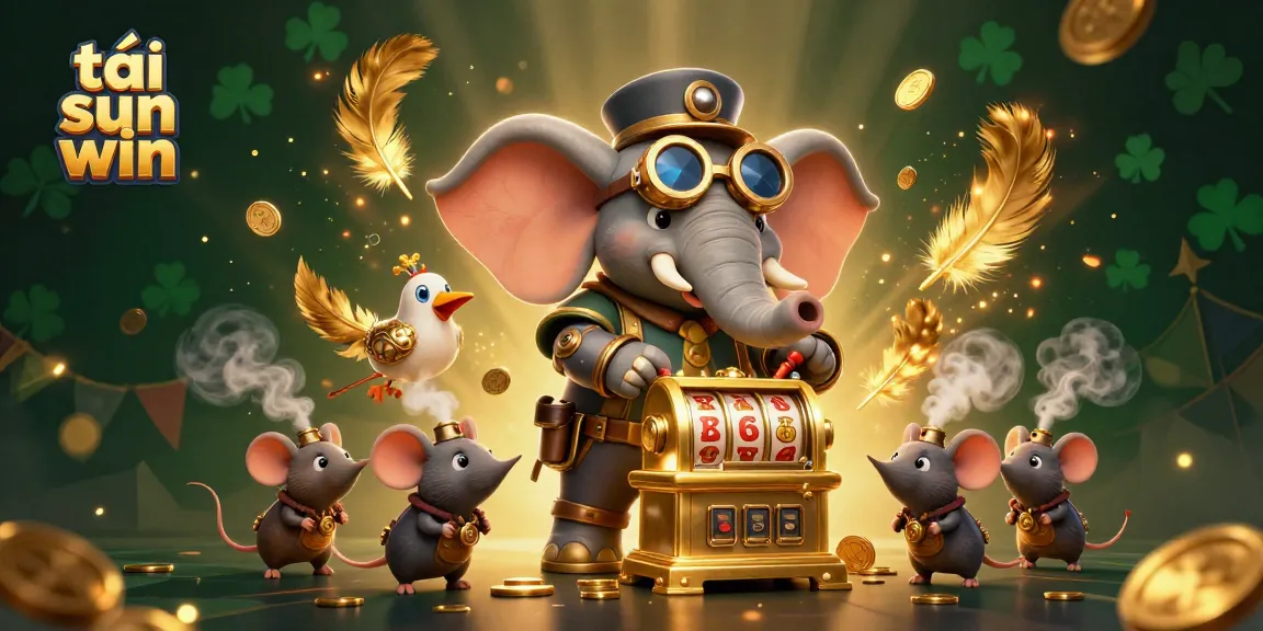 Spin to win big with tải sun win featuring a 3D steampunk elephant on a golden slot machine.