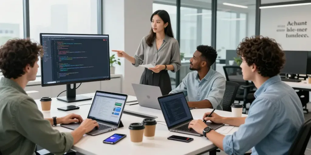 Aktivitas tim pengembang perangkat lunak saat melakukan cirebontoto login di kantor modern dengan suasana kolaboratif.