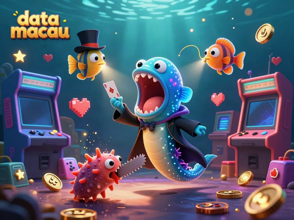 Menampilkan Data Macau dengan 3D ikan gulper yang menampilkan trik kartu di bawah laut yang ceria.