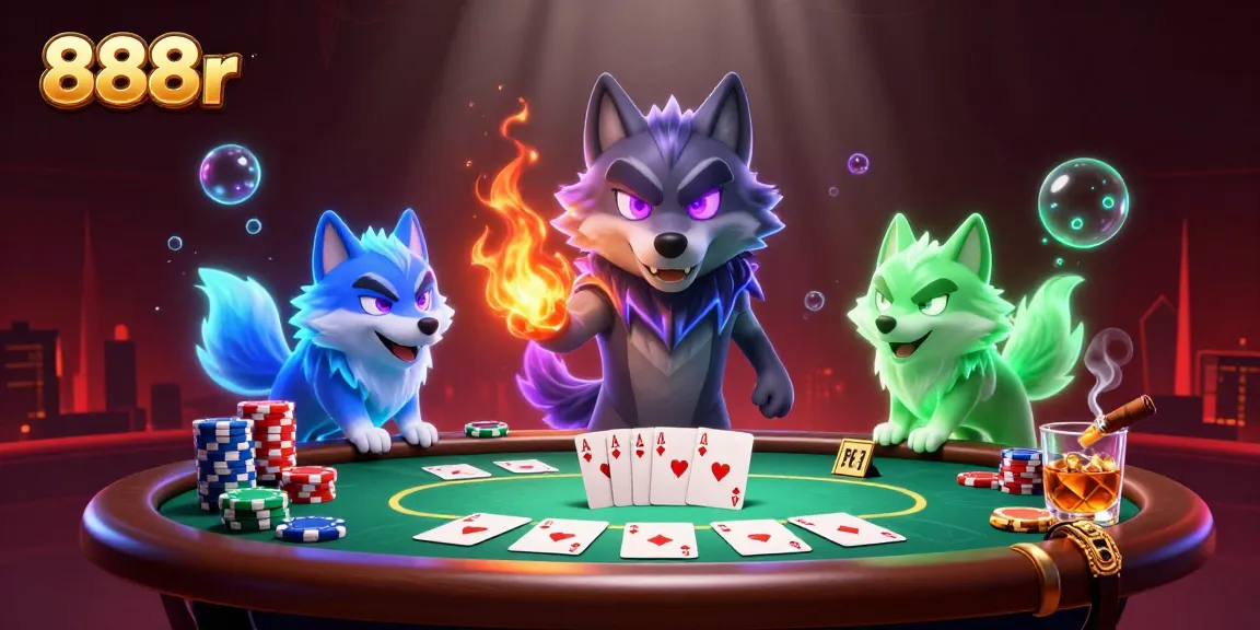 Engage with thrilling poker action in the vibrant 888r casino scene featuring spectral wolves and stacked chips.