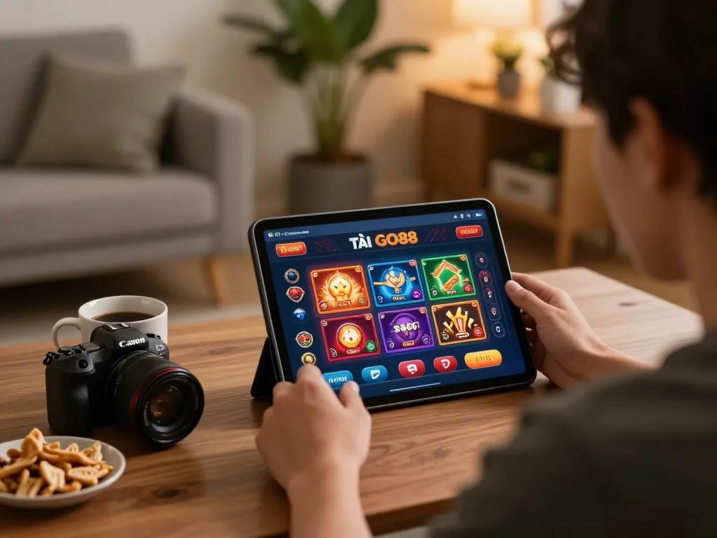 TẢI GO88 app interface displayed on a tablet for engaging online casino gaming at home.