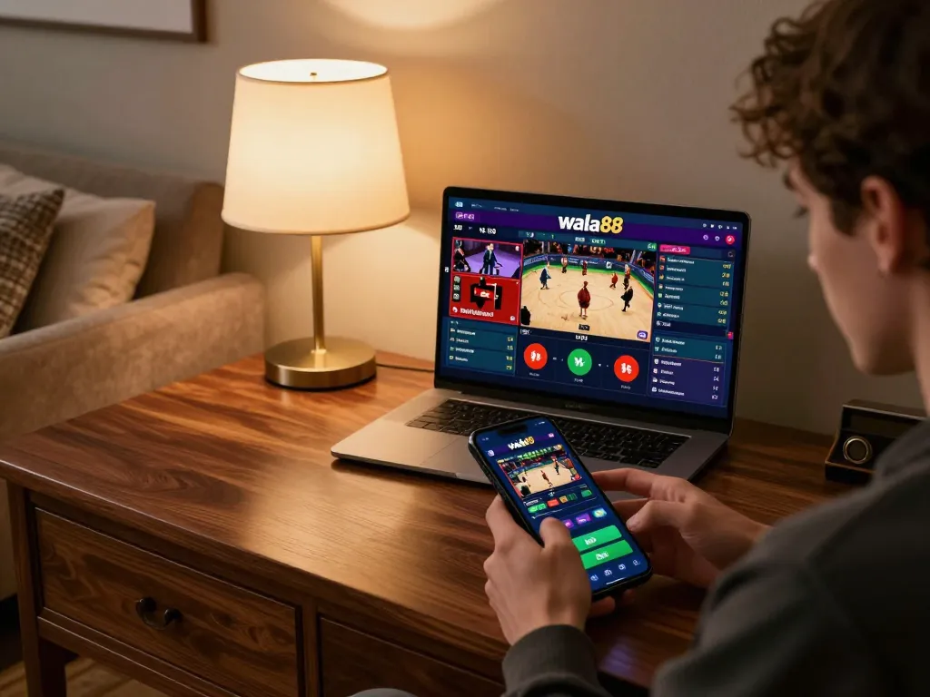 Engaging in live betting on wala88 with a sleek mobile device in a cozy home setup