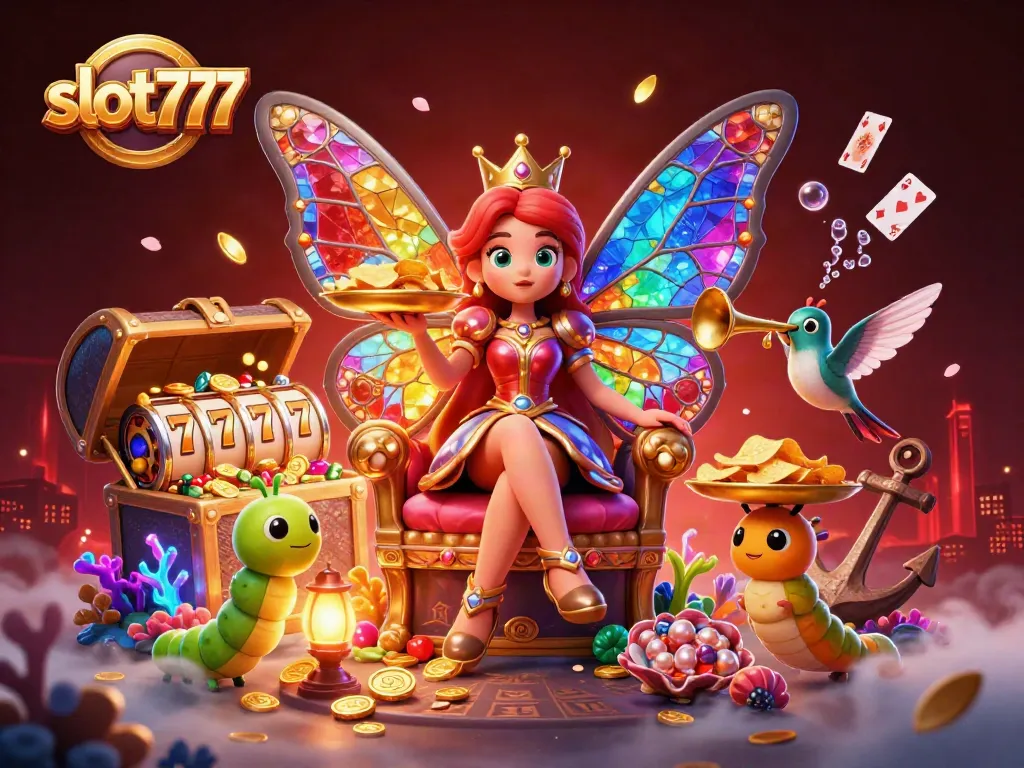 Slot777 memainkan permainan slot dengan ratu kupu-kupu 3D dan harta karun yang meledak.