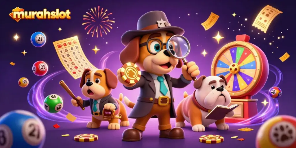 Explore the vibrant world of murahslot with a detective and buddy amidst colorful lottery elements.