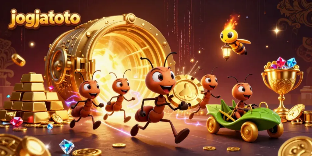 Experience the thrill of jogjatoto with playful ants carrying a giant poker chip, evoking excitement in online gaming.