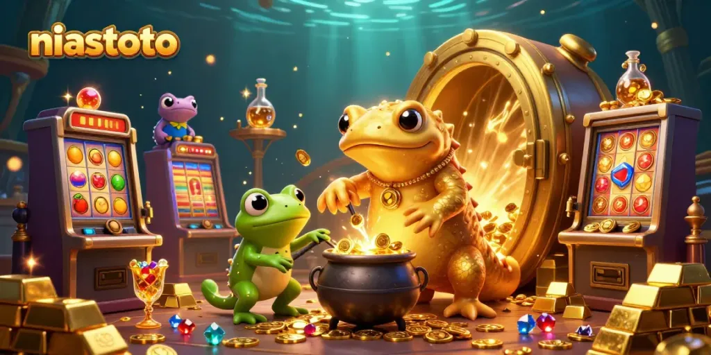 Menangkan jackpot besar di niastoto dengan salamander emas dan simbol slot yang berkilauan.