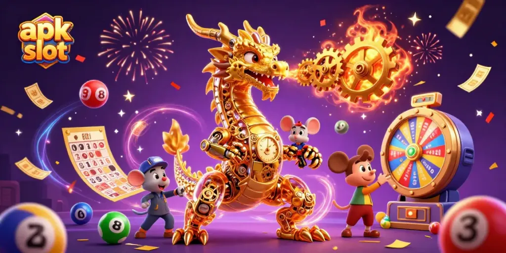 Permainan apk slot menampilkan naga emas mekanis dan bola lotere warna-warni dalam suasana meriah.