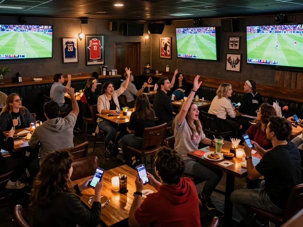 Patrons engaging with 78win sports betting app while watching live events at an energetic sports bar