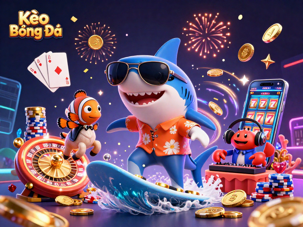 Kèo Bóng Đá showcases vibrant casino energy with a surfing shark, tuxedo fish, and crab DJ amidst dynamic elements.