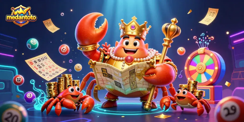 Medantoto menampilkan ilustrasi 3D kekaisaran kepiting emas dengan elemen kasino interaktif yang beragam.