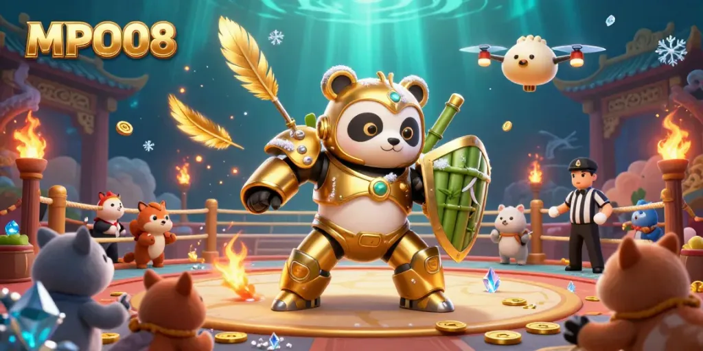 MPO08 presents an engaging scene of a mech-suit golden panda in a bamboo fighting robot amidst a gambling arena with cheering animal fans.