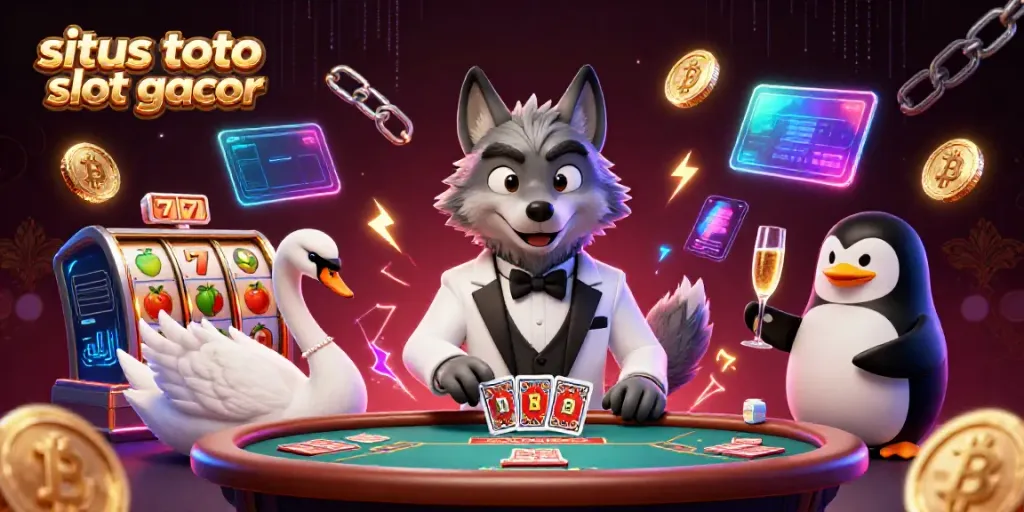 Permainan situs toto slot gacor dengan karakter serigala, angsa, dan penguin, dikelilingi slot dan elemen crypto.