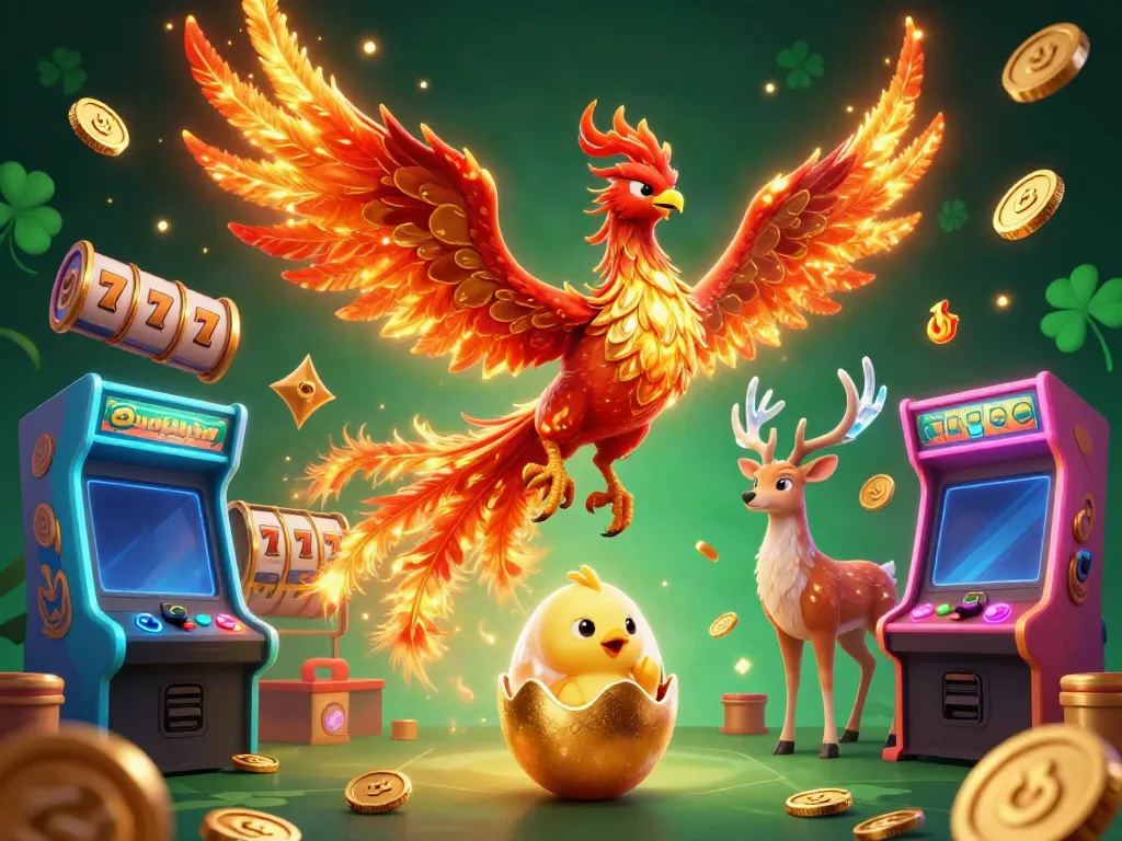 Ilustrasi eksklusif Exototo menampilkan phoenix 3D dan elemen kasino slot.