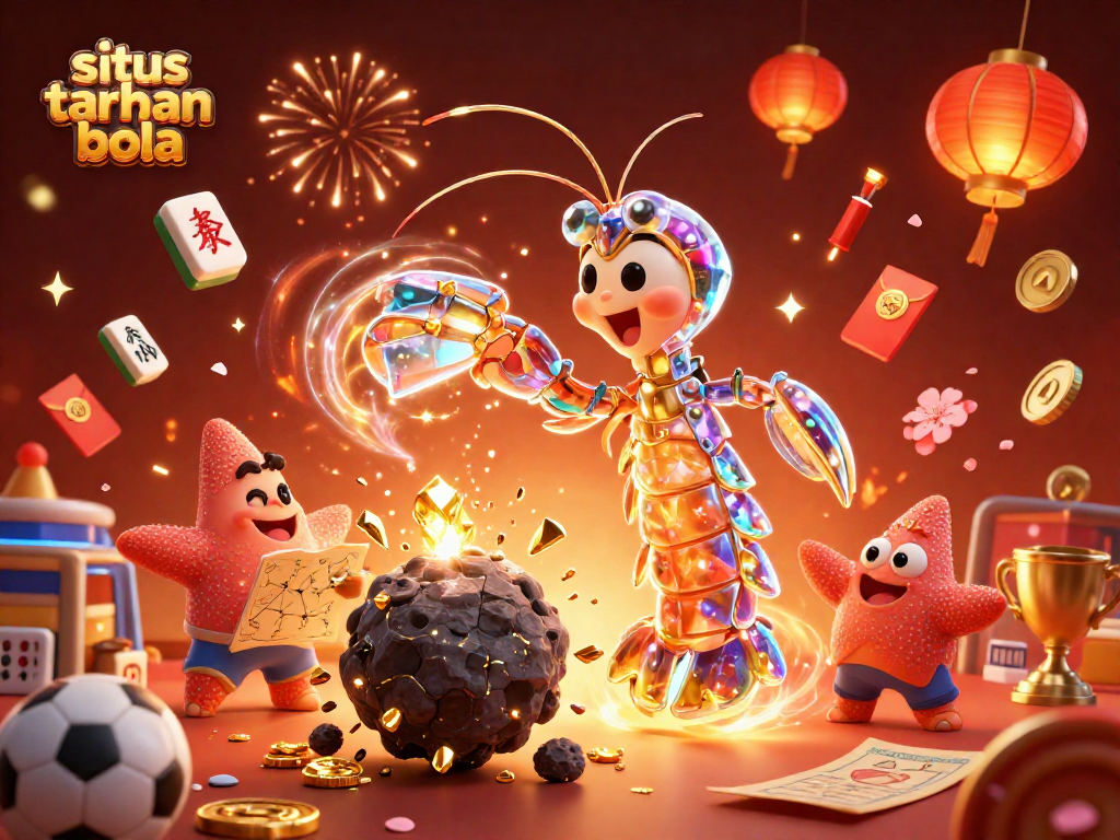 Experience situs taruhan bola with a vibrant 3D illustration of lively characters and festive elements around sports betting.