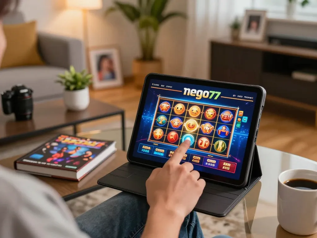 Player engages with nego77 online casino on a tablet, showcasing a cozy and inviting gaming atmosphere.