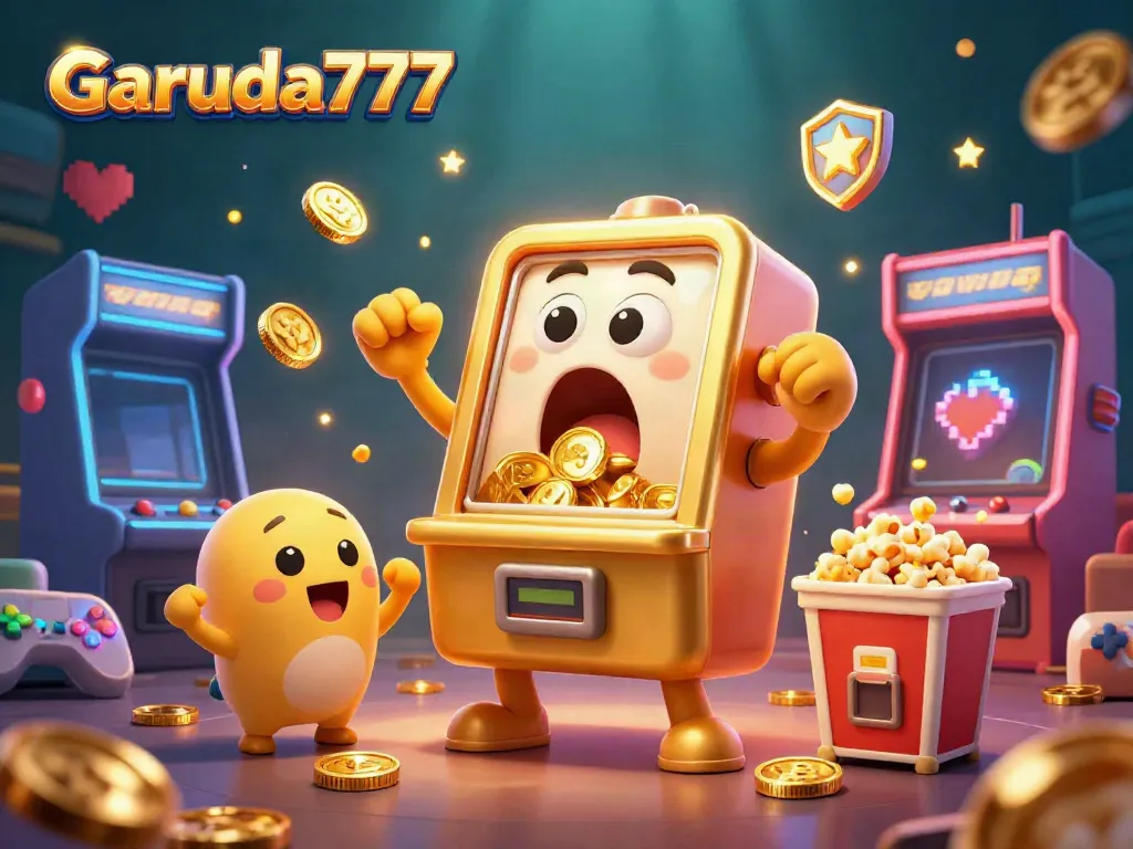 Garuda777 menghadirkan slot mesin emas kartun menarik yang merayakan jackpot dengan koin berjatuhan.