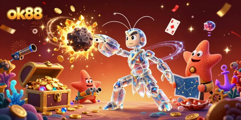 Experience the excitement of ok88 with a galactic samurai shrimp battling through treasure-filled asteroids.