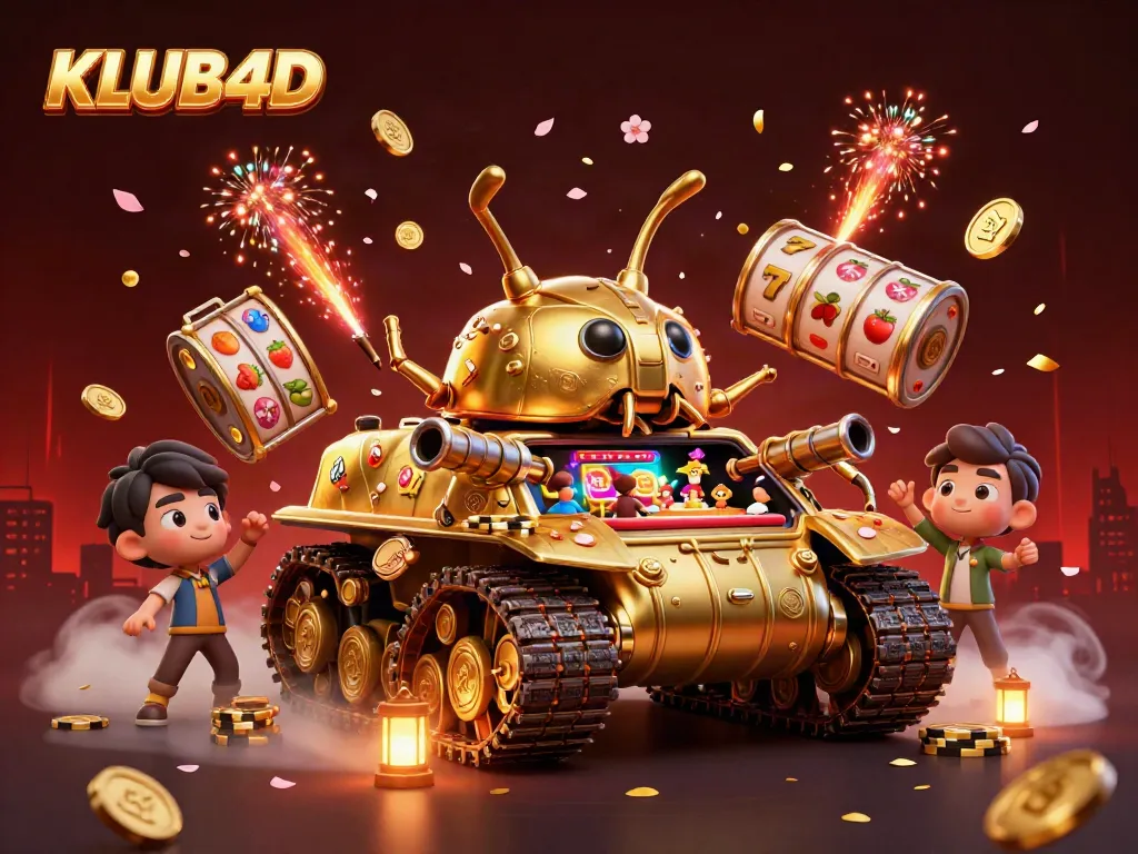 Tim peminat KLUB4D dengan tank judi dan simbol slot di festival megah