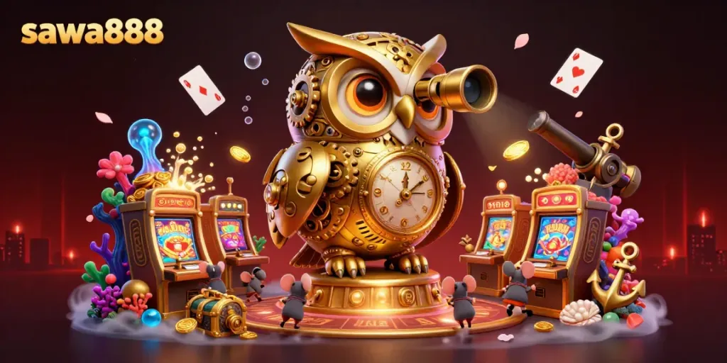 Experience the excitement of sawa888 in this vibrant casino scene featuring a golden owl and whimsical slot machines.