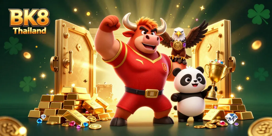 Experience thrilling wins at BK8 Thailand with a victorious bull mascot, eagle, and panda trophy amidst treasure!