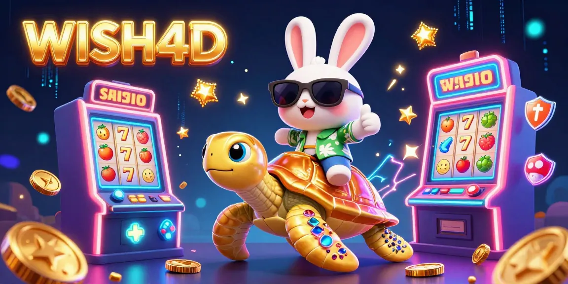 Gambaran warna-warni WISH4D dengan kelinci keberuntungan dan kura-kura emas di dunia kasino.