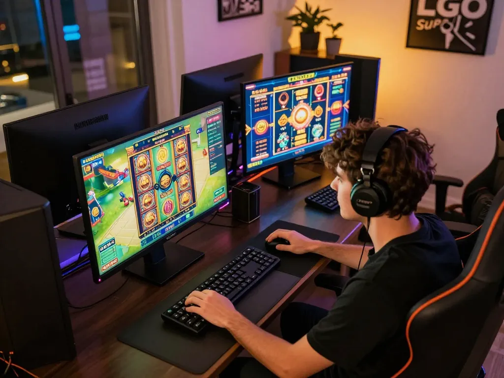 LGO SUPER online gaming session featuring a player engaged with vibrant slot graphics in a stylish home setup