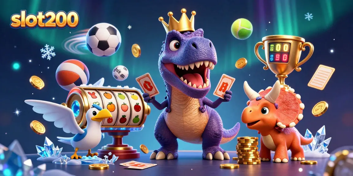 Slot200 menampilkan T-Rex lucu dan teman-temannya bermain mesin slot dengan chip emas.