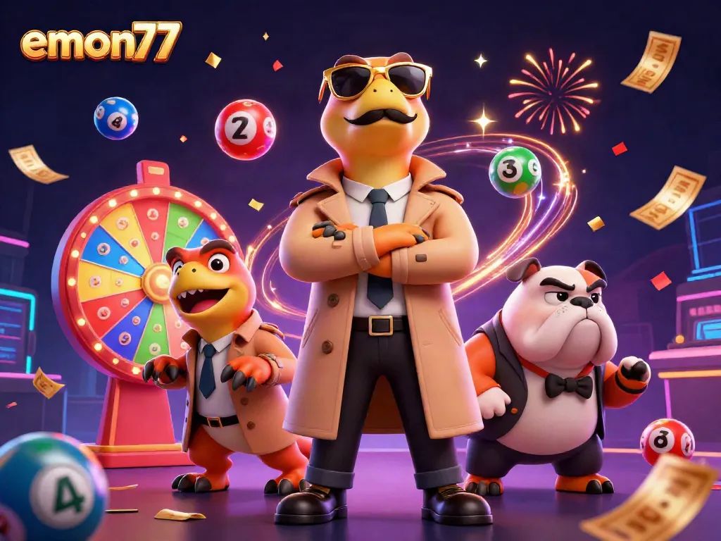 Experience the excitement of emon77 with animated characters and colorful lottery elements.