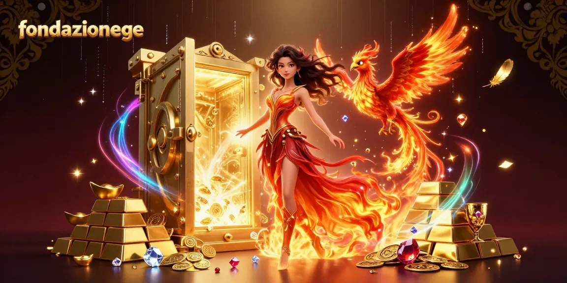 Engage in thrilling gambling experiences with fondazionege featuring a stunning Asian woman and a fire phoenix amidst gold treasures.