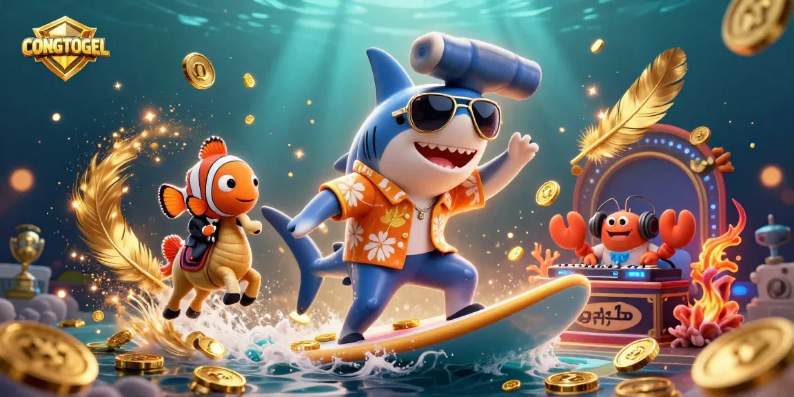 Bet on winnings with CONGTOGEL featuring a shark surfing on gold coins amidst vibrant casino elements.