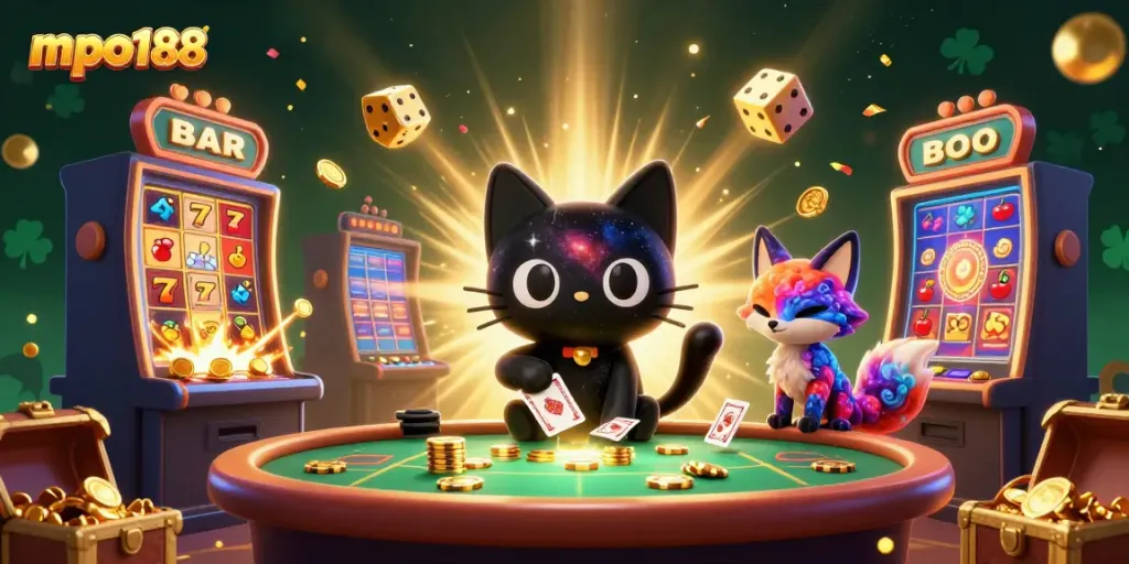 Spinning slot ini menunjukkan mpo188 meraih jackpot dengan kucing hitam lubang hitam yang menarik chip emas.