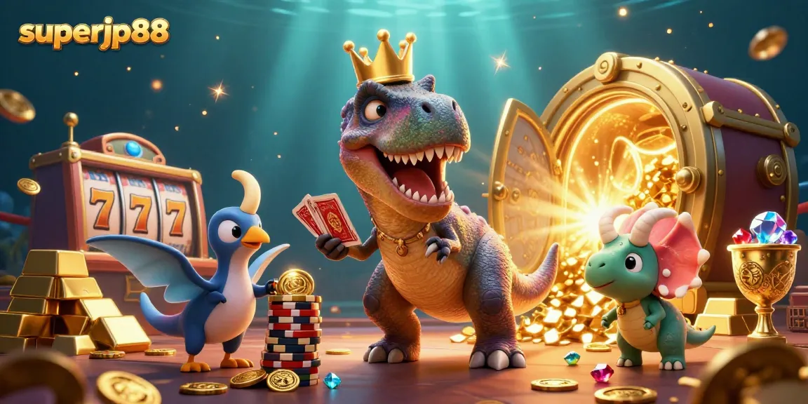 Experience thrilling gameplay with superjp88 featuring a T-Rex shuffling cards, enhanced by vibrant casino elements.