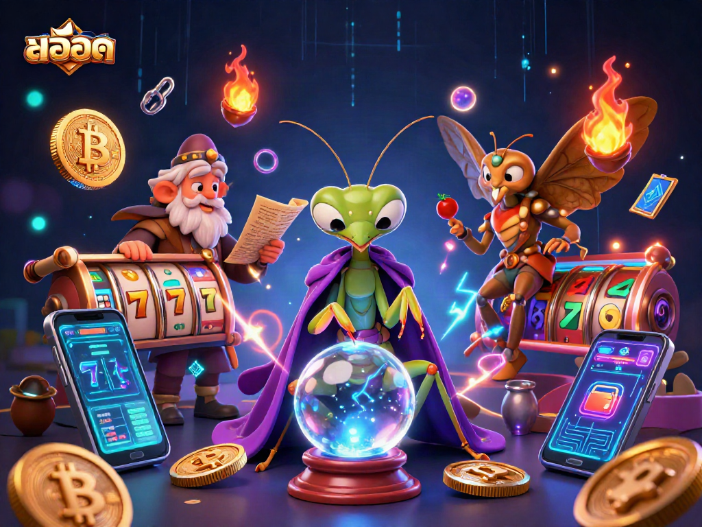 Engaging slot gameplay with fortune teller and moth librarian enhancing สล็อต excitement in a vibrant casino scene