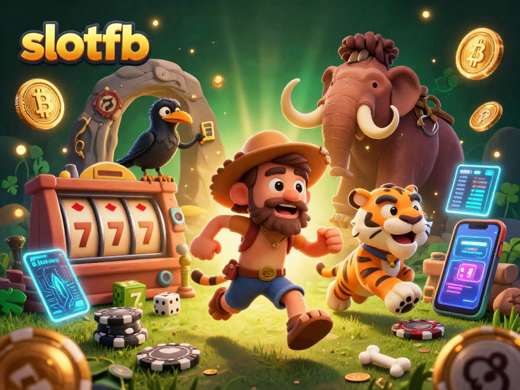 Experience thrilling games at slotfb with a vibrant casino scene featuring prehistoric elements.