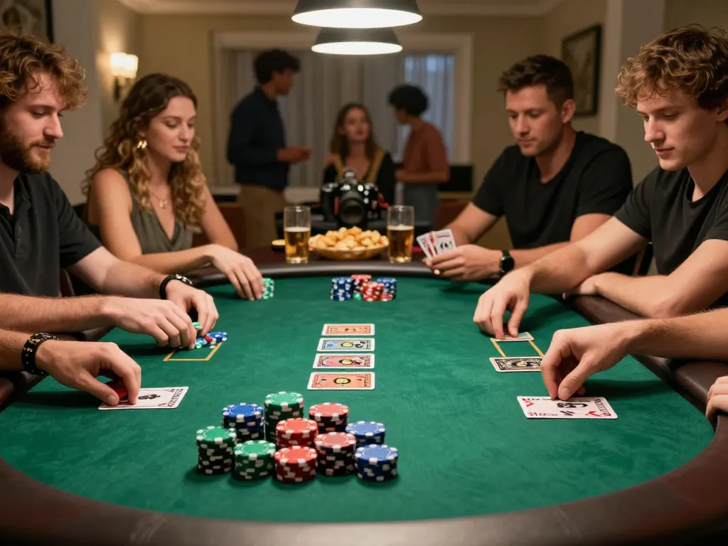 Players engaging in an intense Texas Hold'em game at home, showcasing 98win's social gambling aspect.