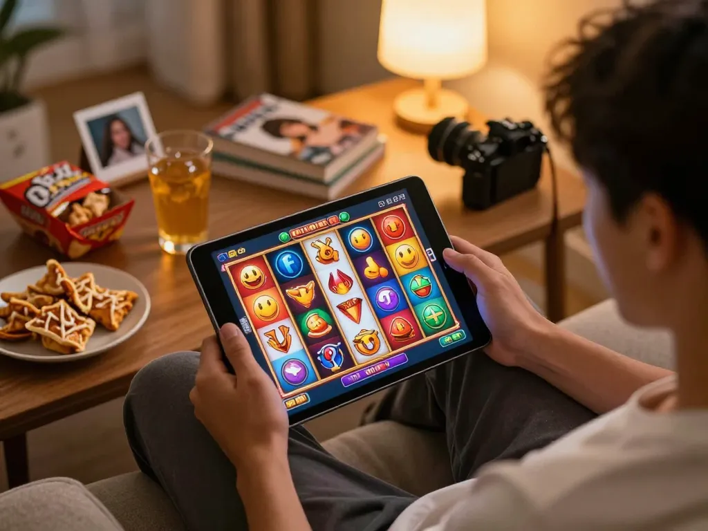 Player engaging with UG DEWA slot games on a tablet, surrounded by a cozy atmosphere with snacks.