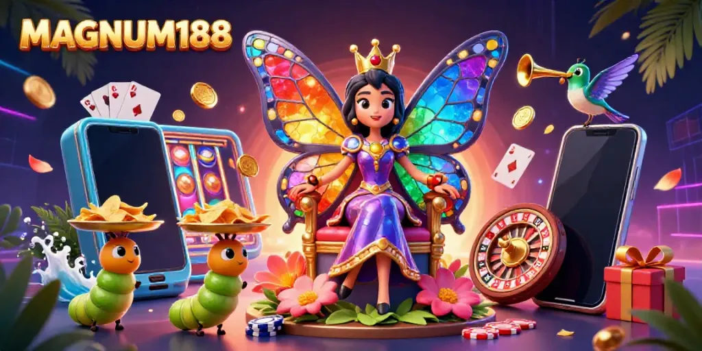 Engage with MAGNUM188's vibrant world featuring a butterfly queen and animated casino elements like slot games and chips.